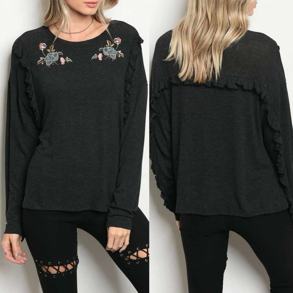 Charcoal Floral Ruffle Top {Mustard Seed} - Picture 1 of 3